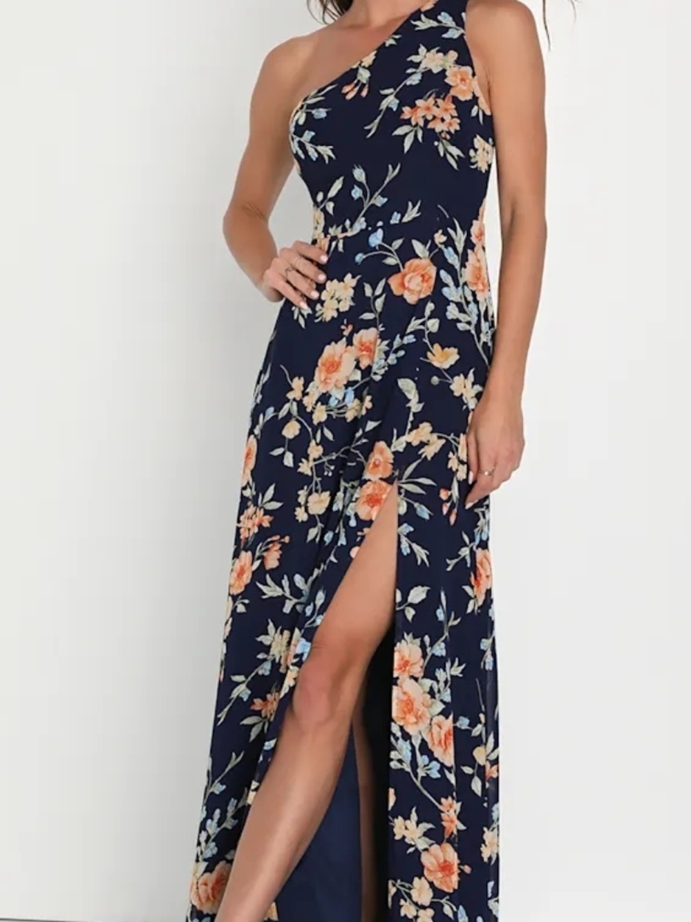 Lulu's Navy One-Shoulder Floral Maxi Dress with Side Slit